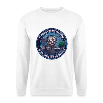 Lustiger Programmierer Waschbär arbeitet auf meiner Maschine Abzeichen - Unisex Pullover - Weiß - Vorne - Alina (178cm) & Michal (187cm)