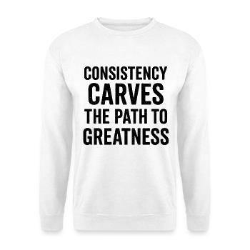 Konsistenzpfad zur Größe Schwarzes Textdesign - Unisex Pullover - Weiß - Vorne - Alina (178cm) & Michal (187cm)