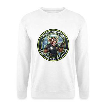 Lustiger Sicherheitsmann Stierbeobachtungs- und Berichtsabzeichen - Unisex Pullover - Weiß - Vorne - Alina (178cm) & Michal (187cm)