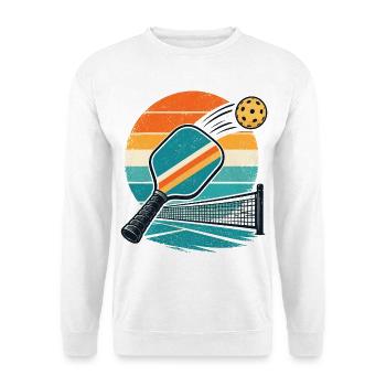 Retro Pingpong Sonnenuntergang - Unisex Pullover - Weiß - Vorne - Alina (178cm) & Michal (187cm)