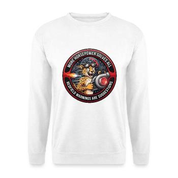 Lustiger Kfz-Ingenieur Gepard Mehr PS - Unisex Pullover - Weiß - Vorne - Alina (178cm) & Michal (187cm)