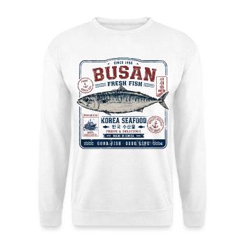 Busan Korea – Vintage-Fischmarkt Design - Unisex Pullover - Weiß - Vorne - Alina (178cm) & Michal (187cm)