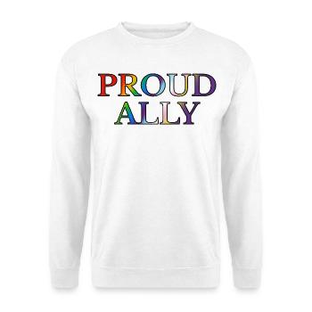 Proud Ally Rainbow Text inklusive Flaggenfarben - Unisex Pullover - Weiß - Vorne - Alina (178cm) & Michal (187cm)