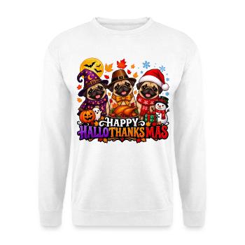 Niedlicher Mops, Halloween, Erntedankfest - Unisex Pullover - Weiß - Vorne - Alina (178cm) & Michal (187cm)