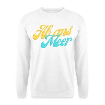Ab ans Meer – Sommerlicher Retro-Schriftzug - Unisex Pullover - Weiß - Vorne - Alina (178cm) & Michal (187cm)