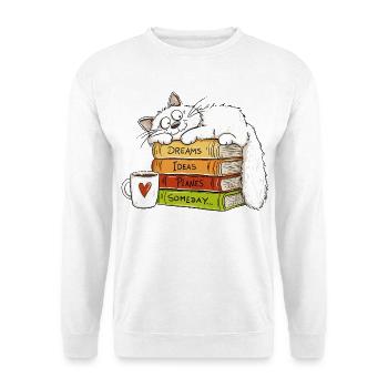 Katze Kaffee Bücher Dreams Ideas Plans Someday Hum - Unisex Pullover - Weiß - Vorne - Alina (178cm) & Michal (187cm)