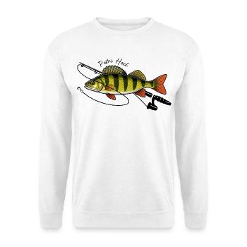 Angeln mit Rute Barsch Fisch Petri Heil - Unisex Pullover - Weiß - Vorne - Alina (178cm) & Michal (187cm)