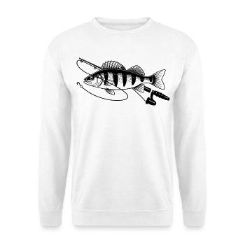 Barsch Fisch angeln mit Rute Petri Heil - Unisex Pullover - Weiß - Vorne - Alina (178cm) & Michal (187cm)