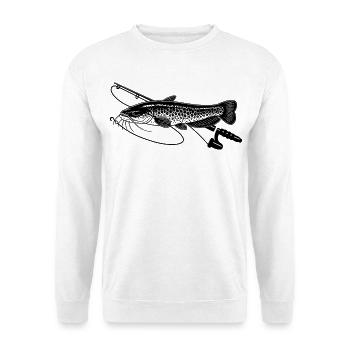 Wels Fisch angeln mit Rute Petri Heil - Unisex Pullover - Weiß - Vorne - Alina (178cm) & Michal (187cm)