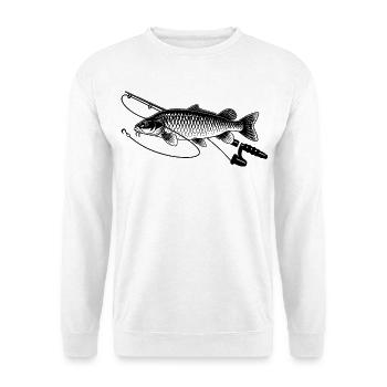 Karpfen Fisch angeln mit Rute Petri Heil - Unisex Pullover - Weiß - Vorne - Alina (178cm) & Michal (187cm)