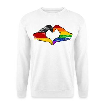 Deutschland Regenbogen Flagge Hände Herzform used - Unisex Pullover - Weiß - Vorne - Alina (178cm) & Michal (187cm)