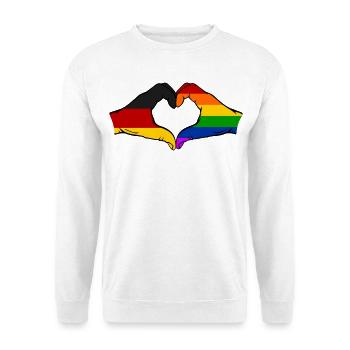 Deutschland Regenbogen Flagge Hände Herzform - Unisex Pullover - Weiß - Vorne - Alina (178cm) & Michal (187cm)