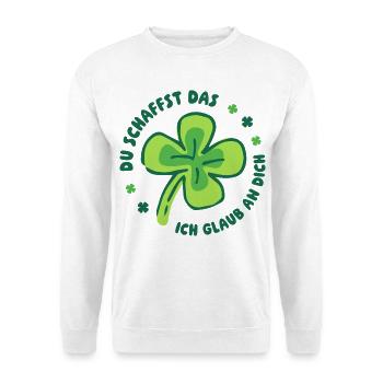 Du schaffst das! – Glücksklee Mutmacher - Unisex Pullover - Weiß - Vorne - Alina (178cm) & Michal (187cm)