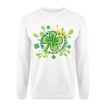 Glücksbringer – buntes Kleeblatt - Glücksklee  - Unisex Pullover - Weiß - Vorne - Alina (178cm) & Michal (187cm)
