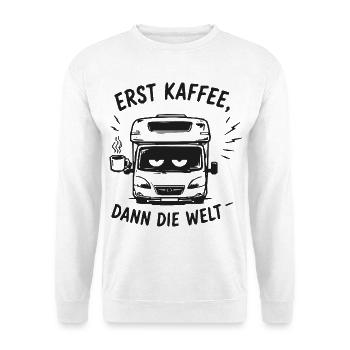 Erst Kaffee Dann Die Welt Bus - Unisex Pullover - Weiß - Vorne - Alina (178cm) & Michal (187cm)