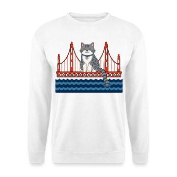 Lustige Katze sitzt auf der roten Brücke Katzen - Unisex Pullover - Weiß - Vorne - Alina (178cm) & Michal (187cm)
