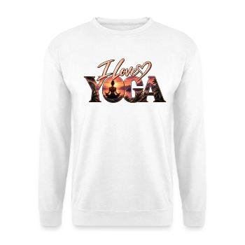 Ich liebe Yoga – Sonnenuntergangsmeditation - Unisex Pullover - Weiß - Vorne - Alina (178cm) & Michal (187cm)