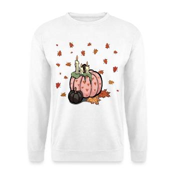 Rosa Kürbis mit Herbstkerzen - Unisex Pullover - Weiß - Vorne - Alina (178cm) & Michal (187cm)