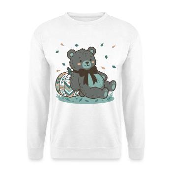 Grauer Teddybär mit gestempeltem Kürbis - Unisex Pullover - Weiß - Vorne - Alina (178cm) & Michal (187cm)