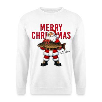 Merry Christmas Petri Heil Weihnachtsmann Karpfen - Unisex Pullover - Weiß - Vorne - Alina (178cm) & Michal (187cm)