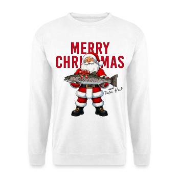Merry Christmas Petri Heil Weihnachtsmann Forelle - Unisex Pullover - Weiß - Vorne - Alina (178cm) & Michal (187cm)