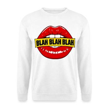 Fette rote Lippen mit Blah-Banner - Unisex Pullover - Weiß - Vorne - Alina (178cm) & Michal (187cm)