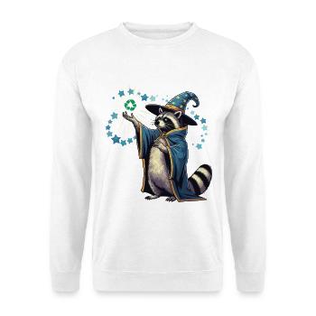 Recycling Zauberer Waschbär - Unisex Pullover - Weiß - Vorne - Alina (178cm) & Michal (187cm)