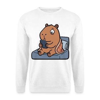 Müde, süße Capybara spielt vor dem Schlafengehen am Handy - Unisex Pullover - Weiß - Vorne - Alina (178cm) & Michal (187cm)