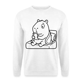 Müde Capybara scrollt Handy Schlafenszeit-Linien-Kunst - Unisex Pullover - Weiß - Vorne - Alina (178cm) & Michal (187cm)
