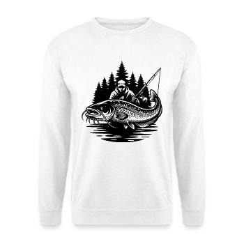 Fischer und Welse im Wald - Unisex Pullover - Weiß - Vorne - Alina (178cm) & Michal (187cm)