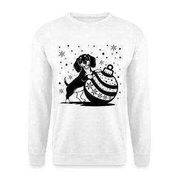 Niedlicher Weihnachtsdackel mit Kugel - Unisex Pullover - Weiß - Vorne - Alina (178cm) & Michal (187cm)