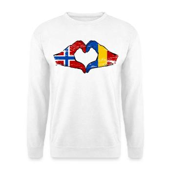 Norwegen Rumänien Flagge Hände Herzform used - Unisex Pullover - Weiß - Vorne - Alina (178cm) & Michal (187cm)