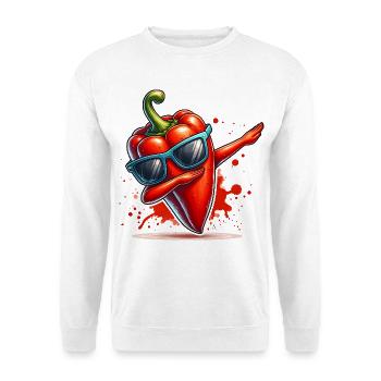 Bunte dabbende rote Paprika mit Sonnenbrille - Unisex Pullover - Weiß - Vorne - Alina (178cm) & Michal (187cm)