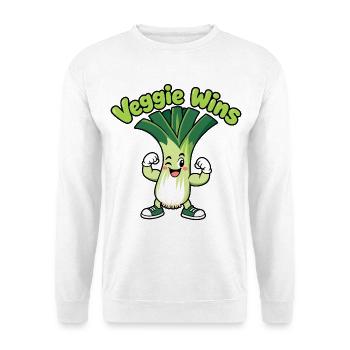 Veggie Wins: Lauchheld Cartoon - Unisex Pullover - Weiß - Vorne - Alina (178cm) & Michal (187cm)