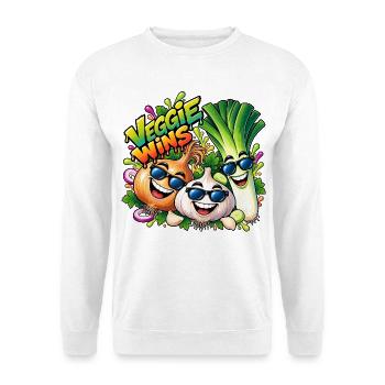 Veggie Wins: Fröhliche Gemüsefreunde - Unisex Pullover - Weiß - Vorne - Alina (178cm) & Michal (187cm)