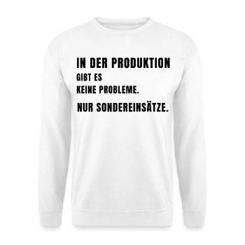 In der Produktion – Nur Sondereinsätze - Unisex Pullover - Weiß - Vorne - Alina (178cm) & Michal (187cm)