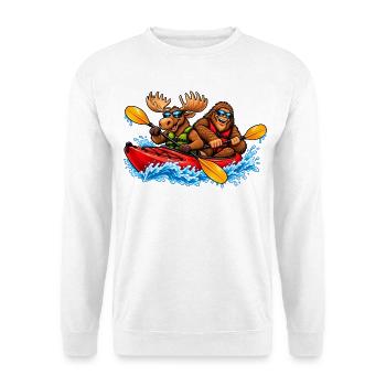 Elch & Bigfoot im Kajak – Lustiges Outdoor Motiv - Unisex Pullover - Weiß - Vorne - Alina (178cm) & Michal (187cm)