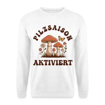 Pilzsaison Aktiv – Pilze Sammeln - Unisex Pullover - Weiß - Vorne - Alina (178cm) & Michal (187cm)