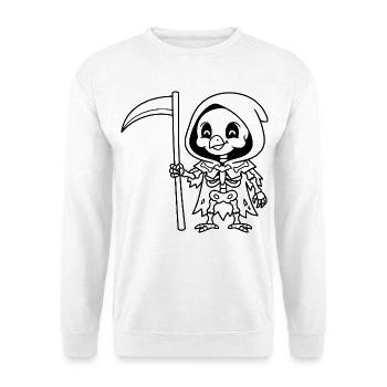 Niedliches Skelett-Huhn-Sensenmann-Grim-Reaper-Gruselbild - Unisex Pullover - Weiß - Vorne - Alina (178cm) & Michal (187cm)