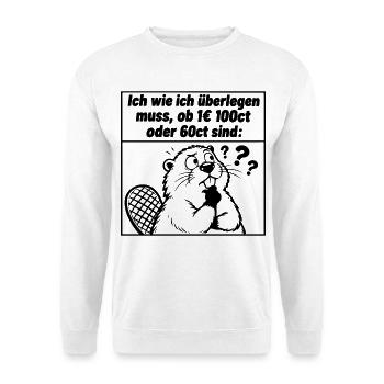 Lustiger Spruch Ich wie ich überlegen muss, ob 1 € - Unisex Pullover - Weiß - Vorne - Alina (178cm) & Michal (187cm)