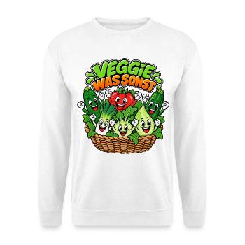 Fröhliche Gemüsebande im Körbchen - Unisex Pullover - Weiß - Vorne - Alina (178cm) & Michal (187cm)