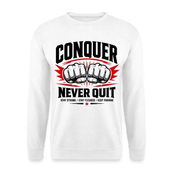 Conquer Never Quit Boxing Gym Motivation Shirt - Unisex Pullover - Weiß - Vorne - Alina (178cm) & Michal (187cm)