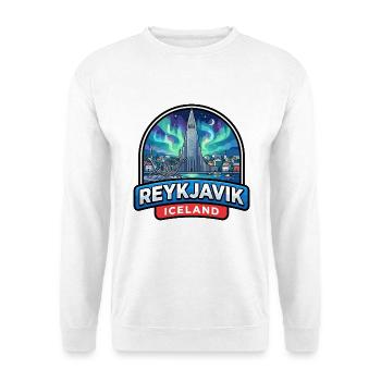 Reykjavik Island Reiseabzeichen Aurora Church Geschenk - Unisex Pullover - Weiß - Vorne - Alina (178cm) & Michal (187cm)
