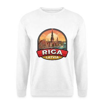 Riga Lettland Reiseabzeichen Haus der Schwarzkopf-Geschenk - Unisex Pullover - Weiß - Vorne - Alina (178cm) & Michal (187cm)