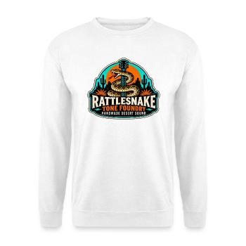 KLAPPERSCHLANGEN-RIFF FUNKTIONIERT | Handgemachter Wüstensound - Unisex Pullover - Weiß - Vorne - Alina (178cm) & Michal (187cm)