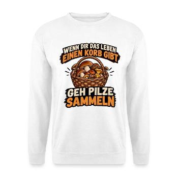 Pilzsammler Korb Spruch T-Shirt - Unisex Pullover - Weiß - Vorne - Alina (178cm) & Michal (187cm)