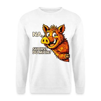 Lustiges Wildschwein – Na, suchst du mich? - Unisex Pullover - Weiß - Vorne - Alina (178cm) & Michal (187cm)