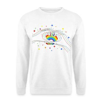CSD LGBT Hände formen Regenbogen Herz Pride - Unisex Pullover - Weiß - Vorne - Alina (178cm) & Michal (187cm)