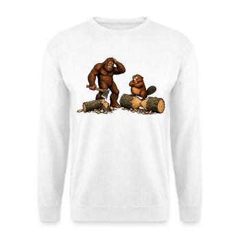 Bigfoot & Biber beim Holzfällen – Outdoor - Unisex Pullover - Weiß - Vorne - Alina (178cm) & Michal (187cm)