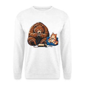 Bär & Katze beim Gaming – Gamer Team - Unisex Pullover - Weiß - Vorne - Alina (178cm) & Michal (187cm)